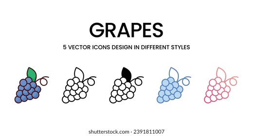Grapes Icon Design in Five style with Editable Stroke. Line, Solid, Flat Line, Duo Tone Color, and Color Gradient Line. Suitable for Web Page, Mobile App, UI, UX and GUI design.