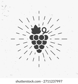 Icono de uvas con rayos de luz. Antiguas Uvas con efecto grunge. Ilustración vectorial