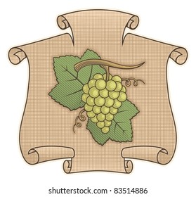 Grapes icon on beige scroll with woodcut shading.