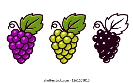 Grapes icon set, red, white and monochrome. Different grape vine types. Wine logo art, isolated cartoon vector illustration