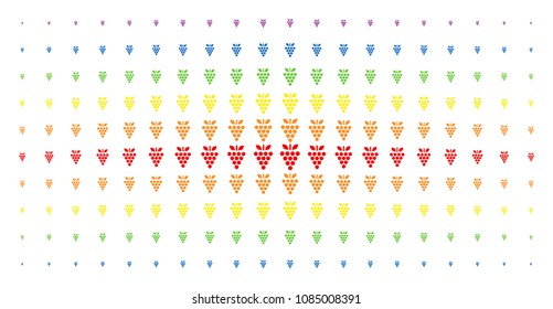 Grapes icon spectrum halftone pattern. Vector grapes items are arranged into halftone array with vertical spectral gradient. Constructed for backgrounds, covers, templates and abstraction concepts.
