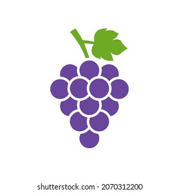 Icono de uvas. Ilustración vectorial de uva de color simple con hoja, aislada en blanco.