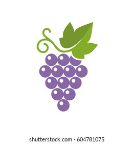 Grapes Icon. Vector Illustration Of Simple Color Grape With Leaf, Isolated On White.