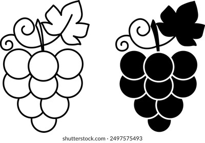 Grapes Icons. Black and White Vector Icons. Ripe Berry. Natural and Organic Food. Sweet Dessert. Fruit Concept