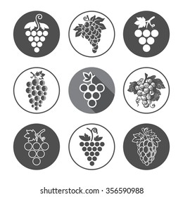 Grapes Icons and Logo Set. 
For Identity Style of Natural Product Company, Restaurants, Bars and Wine Houses. 
Contour lines. Flat design. Design elements. Circle icons. Realistic image. Vector art