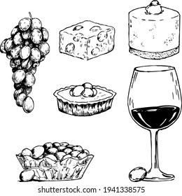 Grapes ink drawings set. Food made from grapes: wine, cake, pie, bowl of grapes illustration. Textured sketchy monochrome style. A set of vector drawing about fruits in nature. 