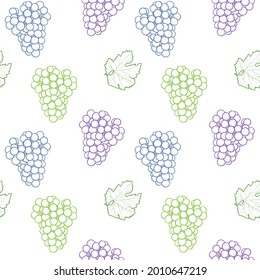 Uvas aisladas de fondo blanco. Montón de uvas con hojas. Patrón vectorial sin cable.