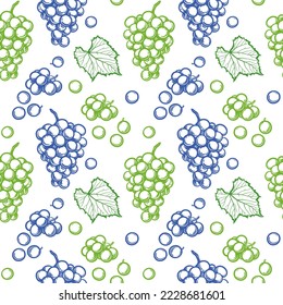 Grapes isolated on white background. Bunch of grapes and leaves. Seamless vector pattern.