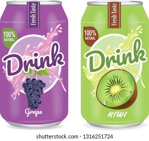 Grapes Juice And Kiwi Fruit Juice In Aliminium Can Realistic Vector. Package Design For Advertising - Vector