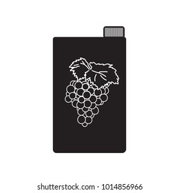 Grapes juice pack icon with drawing of grapes. Juice package. Vector. Black icon on white background. Flat style illustration.