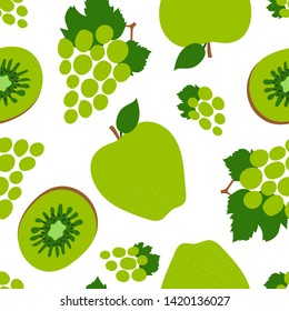 Grapes, kiwi and apple seamless pattern. Green sweet fruits. Fashion design. Food print for dress, textile, curtain or linens. Hand drawn vector sketch background. Vegan menu