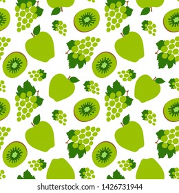 Grapes, kiwi and apple seamless pattern. Green sweet fruits. Fashion design. Food print for dress, textile, curtain or linens. Hand drawn vector sketch background. Vegan menu
