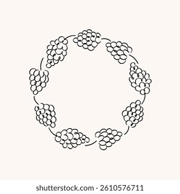 Grapes label for text. Hand drawn vector border frame with bunch of Grapevine berries on isolated background. Food, dry raisins, healthy food, harvest fruit. For card, icon, logo, print, template