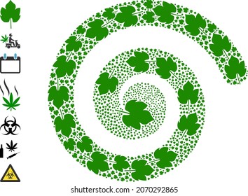 Grapes Leaf Icon Spiral Twirl Mosaic. Grapes Leaf Icons Are Composed Into Twirl Mosaic Structure. Object Whirlpool Is Organized From Randomly Allocated Grapes Leaf Symbols.