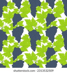 Uvas con hojas sin costura. Uvas de vino coloridas, textura interminable al estilo de las caricaturas planas. Antecedentes de repetición de moda para textiles, papel pintado y papel de envoltura. Vector