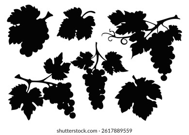 
Grapes with leavs silhouettes set isolated flat vector illustration on white background.