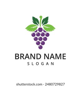 Grapes logo. Fresh fruit with leaves. Isolated grape on white background. 