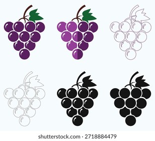 Grapes and Mixed Fruit Icon Set Minimalist Flat, Silhouette, and Line Art Vectors