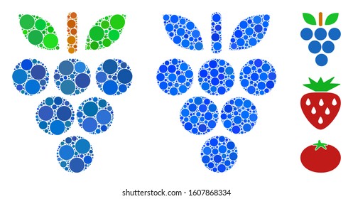 Grapes mosaic of round dots in different sizes and color tints, based on grapes icon. Vector round dots are united into blue mosaic. Dotted grapes icon in usual and blue versions.