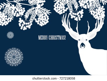 Grapes of mountain ash - moose - hand inscription Merry Christmas - art creative vector illustration