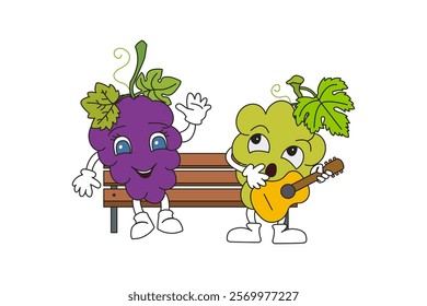 Grapes on a bench with a guitar. Green and red grapes smile on a white background. Hand-drawn vector illustration.