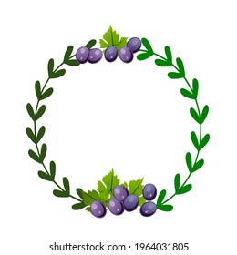 Grapes on green branches and leaves that curves in a circle.Vector illustration isolated on white background.Floral wreath with leaves for wedding and holiday. Decorative elements.