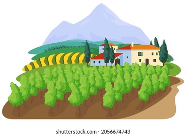 Grapes on the vineyard farm sign label concept. Grape production. Beautiful rural landscape with haciendas and grape bushes on a background of mountains. Vector illustration