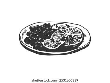 Uvas y naranja en un plato. Un boceto dibujado a mano de uvas frescas y rodajas de naranja servido en un plato. Perfecto para alimentos saludables, vegetarianos y conceptos veganos. Ilustración en blanco y negro.