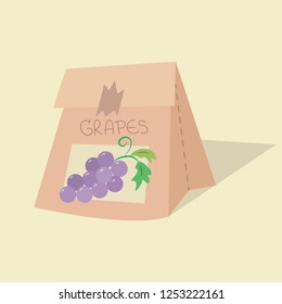 Grapes in paper bag vector illustration. Pastel cute paper bag vector cartoon. 