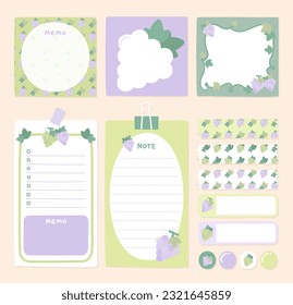 Grapes paper notes, stickers, sticky sheets and tape. Vector set of stationery.