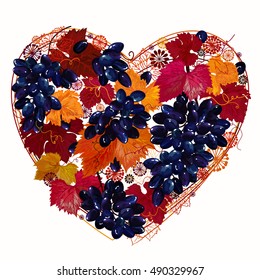 Grapes. Pattern, wreath of grape leaves and vines. Vector illustration. Beautiful illustration with grape pattern. Exclusive design. heart.