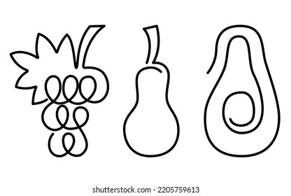 Grapes, pear and avocado, continuous line drawing, outline for decor, posters, stickers, logo. Vector illustrations.
