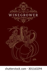 Grapes &  Pitcher Element in Vintage Style for Logotype, Label, Badge.  Elegant  design for Winegrower, Bar, Shop, Wine menu. Template for poster design.