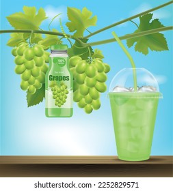Grapes in a plastic glass with a branch of a grapes with a grapes and a bottle of grapes.