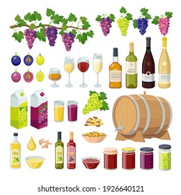 Grapes products set of vector illustration isolated on white background.