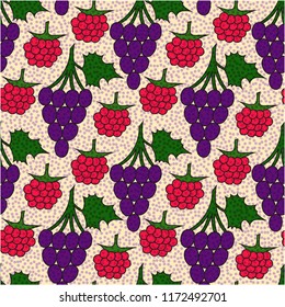 Grapes and raspberry pattern on a dotted background. Can be used for poster, banner, flyer, brochure, postcards, wallpaper, textile, website background.
