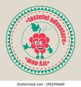 Grapes in a retro style. Design of packaging for fruit products. Sticker or logo template. Vector label with slogan.