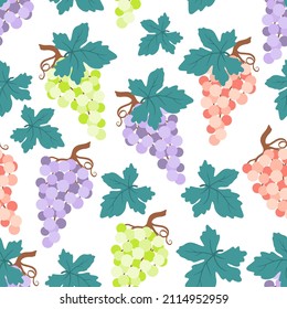 Grapes seamless pattern. Bunch grapes and leaves. Set of different varieties of grapes, leaves in cartoon style. Pattern with grapes on the white background. Hand drawn vector illustration. 
