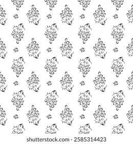 Grapes Seamless Pattern, cluster of grapes monochrome pattern, grapes with roses