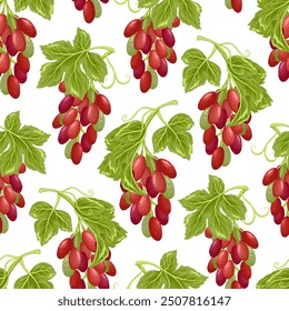 Grapes seamless pattern. Grapevine with leaves and red berries, vinery elements. Fresh harvest, agricultural market goods. Fruit vector illustration on white background