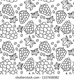 Grapes seamless pattern. Hand drawn fresh berry. Vector sketch background. Doodle wallpaper. Black and white print