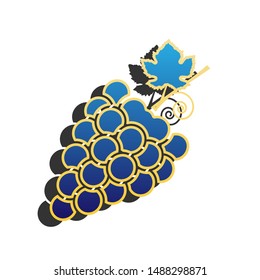 Grapes sign illustration. Blue icon with gold contour with dark gray shadow at white background. Illustration.