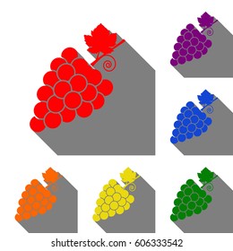 Grapes sign illustration. Set of red, orange, yellow, green, blue and violet icons at white background with flat shadow.
