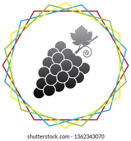 Grapes sign illustration. Vector. Black icon with patch of light inside colorful hexagonal frames at white background.