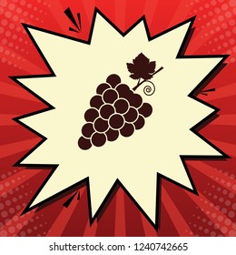 Grapes sign illustration. Vector. Dark red icon in lemon chiffon shutter bubble at red popart background with rays.