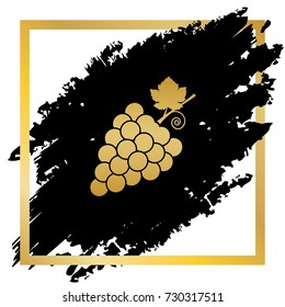 Grapes sign illustration. Vector. Golden icon at black spot inside golden frame on white background.