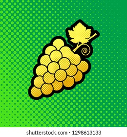 Grapes sign illustration. Vector. Pop art orange to yellow dots-gradient icon with black contour at greenish background.