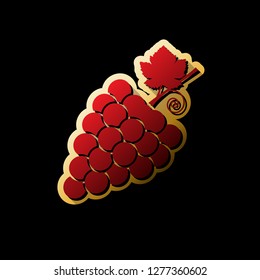 Grapes sign illustration. Vector. Red icon with small black and limitless shadows at golden sticker on black background.