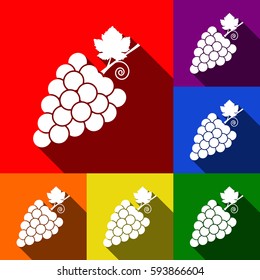 Grapes sign illustration. Vector. Set of icons with flat shadows at red, orange, yellow, green, blue and violet background.