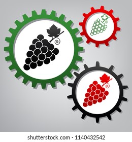 Grapes sign illustration. Vector. Three connected gears with icons at grayish background.